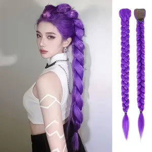 Purple Long Hair Fishbone Braid Clip-in Wig for Cosplay Halloween Christmas Party Synthetic Fiber Wave Wig with Safety Pin for Men Women Easy Care