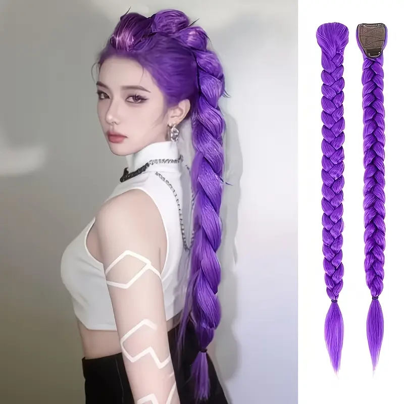 Purple Long Hair Fishbone Braid Clip-in Synthetic Fiber Wig for Cosplay Halloween Parties, Men’s & Women’s Easy-Care Wave Wig with Safety Pin, Synthetic Fiber Wigs