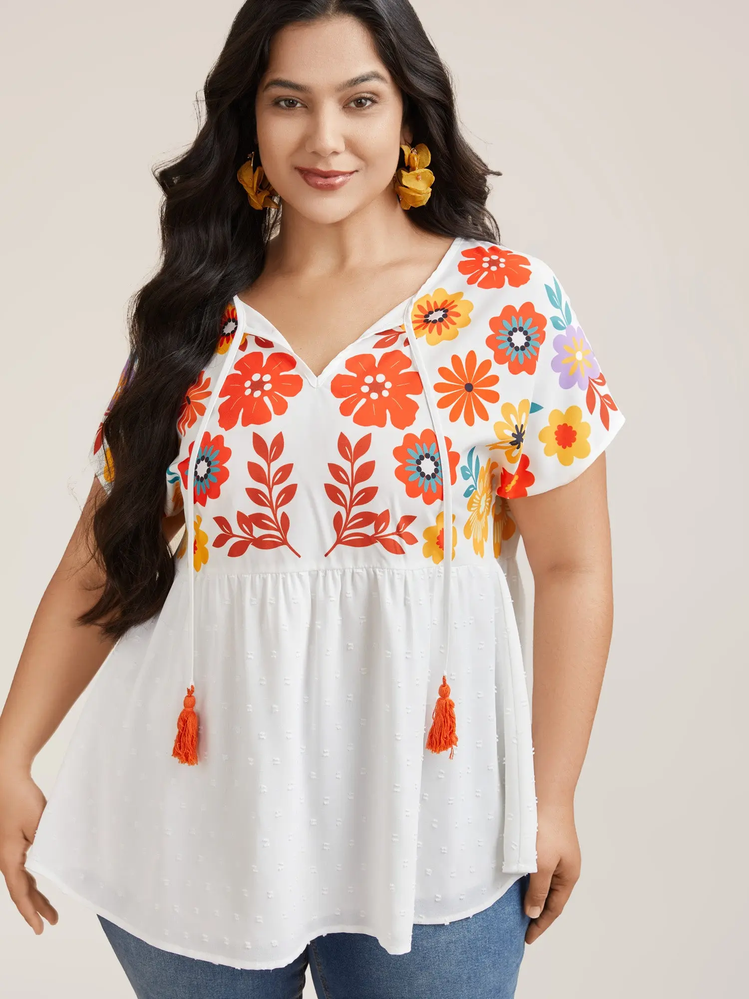 BloomChic Blouse for Women, Plus Size Floral Print Lightweight Polyester Babydoll Tunic with Short Raglan Sleeves and Tie-Neck Tassels, Shirts, Women's Clothes, Baby Doll Tops, Plus Size Fashion, Curvy Clothing, Outdoors, Smooth, Garment, Babydoll Tops, B