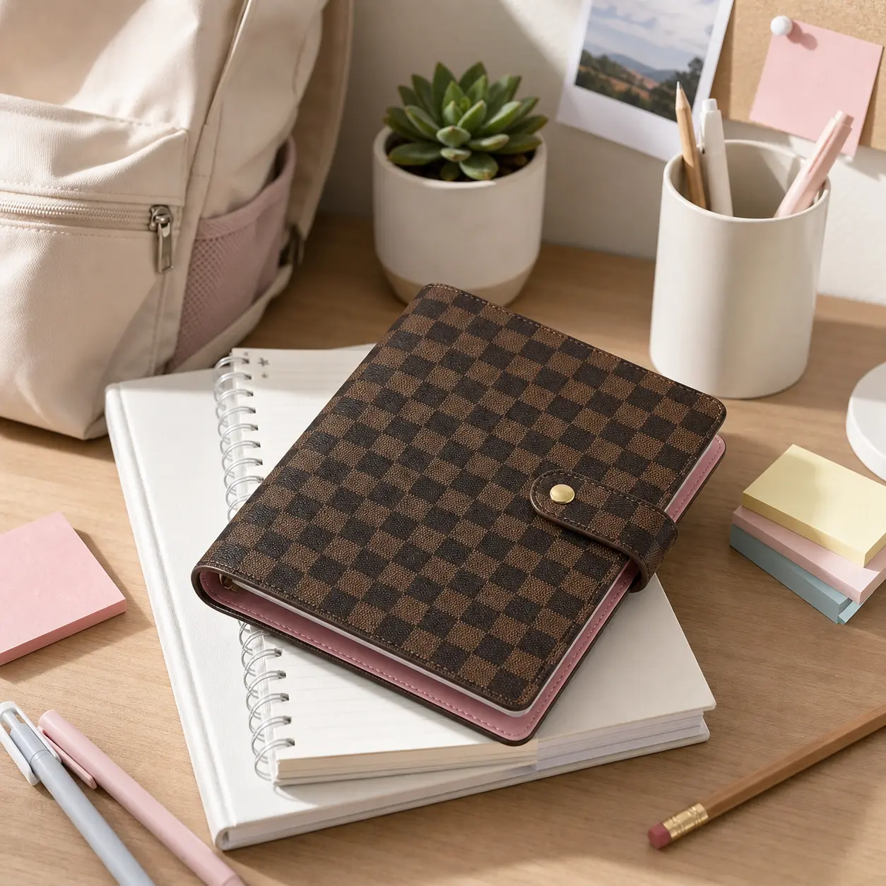 Women's Vintage A5 Faux Leather Binder Notebook Cover - 6 1-Inch Rings, Refillable Loose Leaf Planner, Retro Brown Black Plaid, Card Slots, Pen Holder, Snap Closure, Fits Home, School, Office