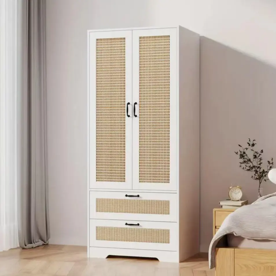 White Freestanding Wooden Rattan-Door Storage Cabinet with Drawers - Modern Armoire, Stable Wardrobe Closet Organizer with Better Load-Bearing Capacity for Bedroom, Living Room, Modern Armoire Wardrobe, Freestanding Closet