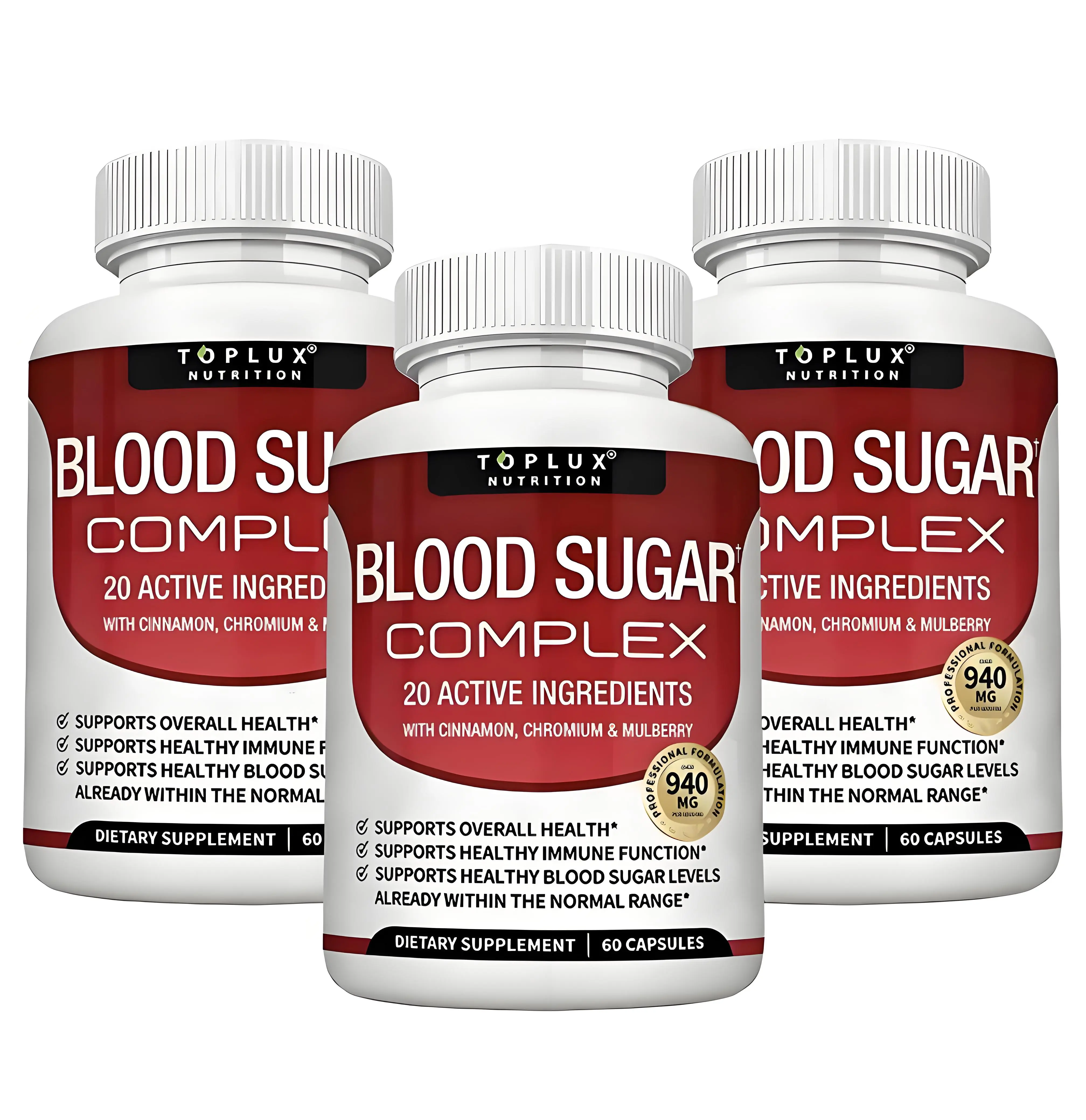 Blood Sugar Complex Supplement - Natural 20 Herbs and Vitamins with Cinnamon Non-GMO Vegan, for Men Women, 60 Capsules