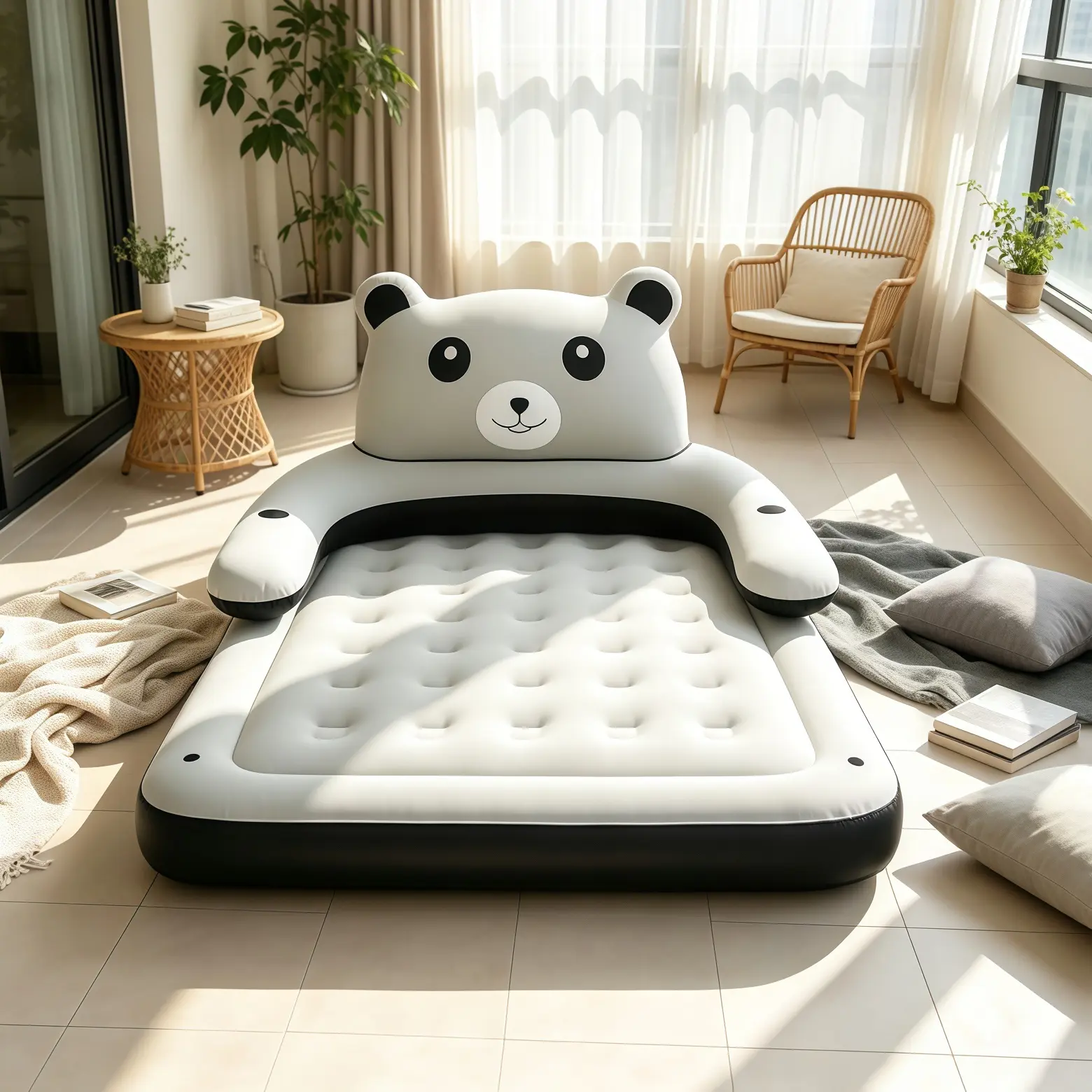 Animal Theme Bear-Shaped Inflatable Air Mattress - 18" Soft Velvet Top Portable Camping Bed with Dura-Beam Shape-Retaining Edge, Lumbar Support, Dual-Layer Pockets, Carry Bag for Indoor Rest, Camping