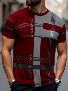 Men's Fashion Casual Classic Plaid T-Shirt, 100% Polyester, Round Neck, All Seasons Wear, Fitted Style
