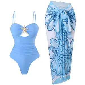 Ocean Inspired 2-Piece Swim Set - Cutout One-Piece & Seashell Print Wrap Skirt