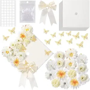 41 Pcs Beige DIY Graduation Cap Decoration Kit, Grad Cap Decorations Grad Hat Topper Faux Assorted Flowers Bows 3D Cream Construction Paper Butterfly Stickers Pearl Adhesive Dots