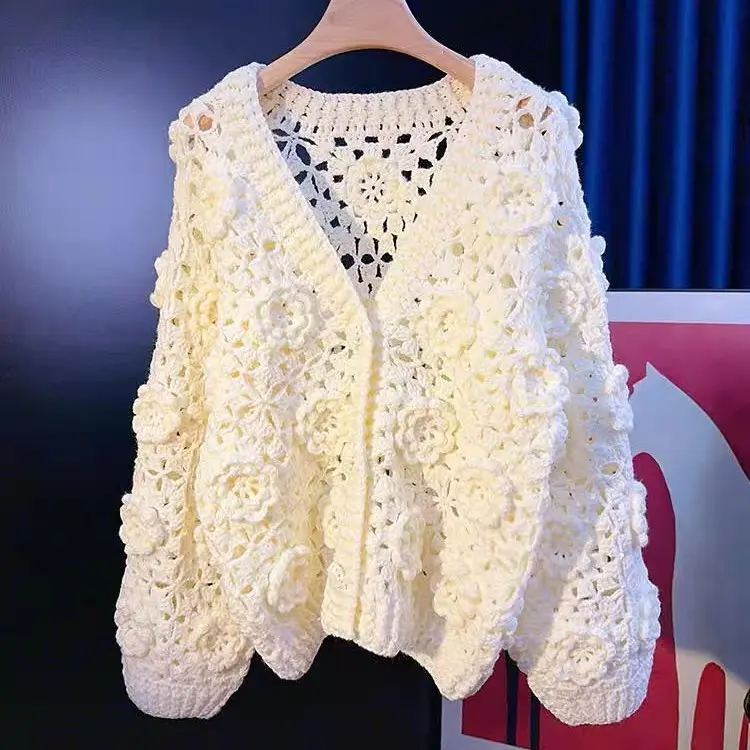 Women's Knitting Top - Hand-Knitted 3D Floral Open Cardigan, Elegant Long-Sleeve Wool Comfortable Hollow-Out Knitwear, Women's Clothes, Free Size, Chic, Longsleeves, Casual, Wool Fabric, 3D White Flowers, Sweater, Holiday, Elegance, Long Sleeves, Medium L
