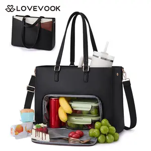 LOVEVOOK Lunch Tote Bag for Women,3 in 1 Work Bag with Leakproof Cooler Compartment, 15.6inch Laptop Bag with Large Cup Holder for Office, College, Casual, Beige-black-brown