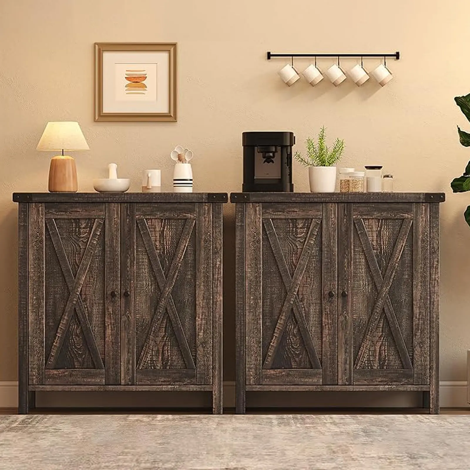 GAOMON Small Storage Cabinet, Farmhouse Sideboard Buffet Cabinet with 2 Doors and Adjustable Shelves, Accent Entryway Console Cabinets for Living Room, Dining Room (Dark Oak, 2 Pieces)
