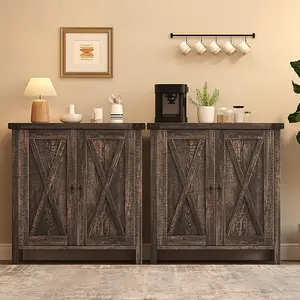 Small Storage Cabinet, Farmhouse Sideboard Buffet Cabinet with 2 Doors and Adjustable Shelves, Accent Entryway Console Cabinets for Living Room, Dining Room (Dark Oak, 2 Pieces)