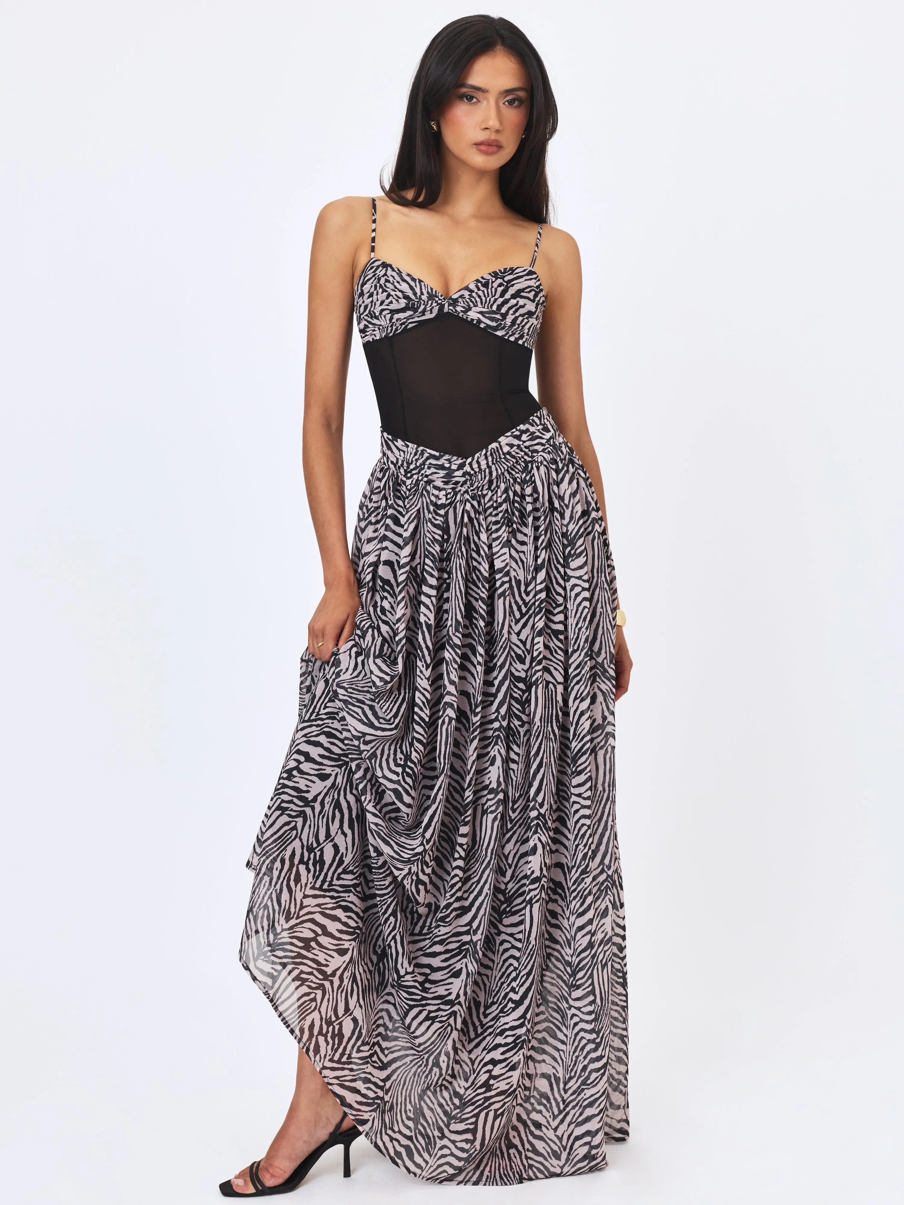 Onora Zebra Print Chiffon Dipped Waist Maxi Dress