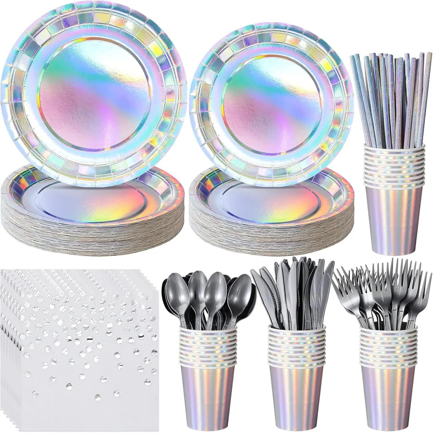 Iridescent Disposable Party Supplies Set for Mermaid Birthday or Wedding Party Serve 25 Holographic Paper Plates Cups Knives Spoons Fork Straw Napkins