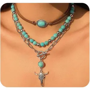 Boho Western Necklaces for Women,Turquoise Beaded Layered Necklaces Vintage Cow Cactus Pendant Choker Necklace Set,Cowgirl Jewelry Accessories Gifts