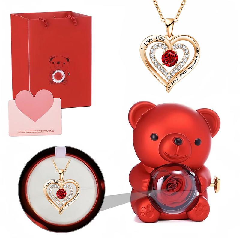 The Cutest Red Rose Bear with Heart Necklace – Elegant Flower & Rhinestone Design, Perfect Gift for Mom, Wife, or Girlfriend on Birthday, Anniversary, or Holidays (Thanksgiving, Christmas, Halloween)