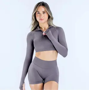 Viral Neutral Gray Pilates Princess Activewear Set - Seamless Half-Zip Crop Top + Butt Lifting Shorts,