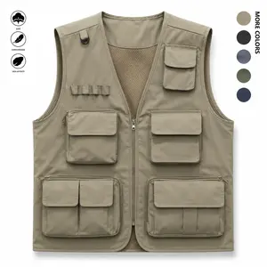 Men's Solid Color Lightweight All-Season Deep Cargo Vest Jacket with Multi-Pocket Outdoor Workwear for Fishing, Safari, Travel & Zippered Door Panels - Machine Washable (Vest & Jacket can be worn separately or together) Gilet