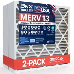 BNX TruFilter 20x20x5 Air Filter MERV 13 (2-Pack) - MADE IN USA - Electrostatic Pleated Air Conditioner HVAC AC Furnace Filters for Allergies, Pollen, Mold, Bacteria, Smoke, Allergen, MPR 1900 FPR 10