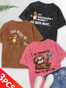 Women's 3-Piece Acid Wash Crew Neck T-Shirt Set, Bilingual Slogan Sloth Series Print, Multiple Colors Available, Machine Washable, Spring & Summer Top, Soft Skin-Friendly Fabric, Daily Versatile, Fashion Design