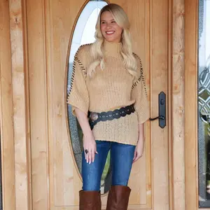 Out Thread Sweater - Long Sleeve Knit Top in Beige with Black Straps, Comfortable Fit, Elegant Style for Women Knitwear Womenswear