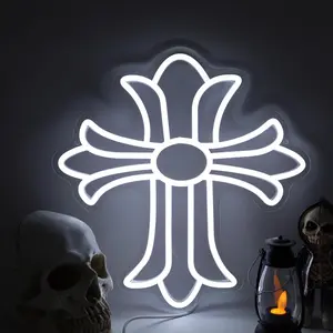 Chrome Hearts Style Cross Neon Sign -Crucifix Decor White LED Wall Decor, Gothic Luxury Inspired Light for Bedroom, Man Cave & Aesthetic Room (12.6"x9.9")