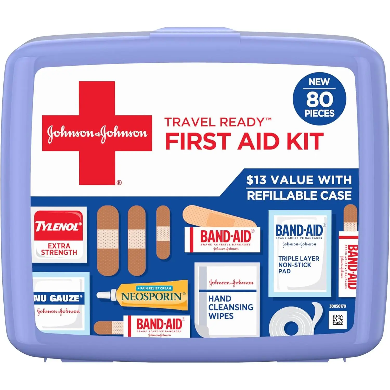 Band-Aid Travel Ready Portable Emergency First Aid Kit for Minor Wound Care with Assorted Adhesive Bandages, Gauze Pads & More, Ideal for Travel, Car & On-The-Go, 80 pc