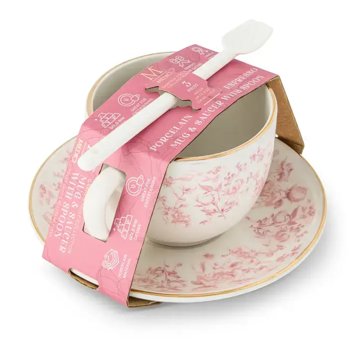 3pc 8oz Garden Toile Cup and Saucer Set, Kitchenware for Tea & Coffee Serving