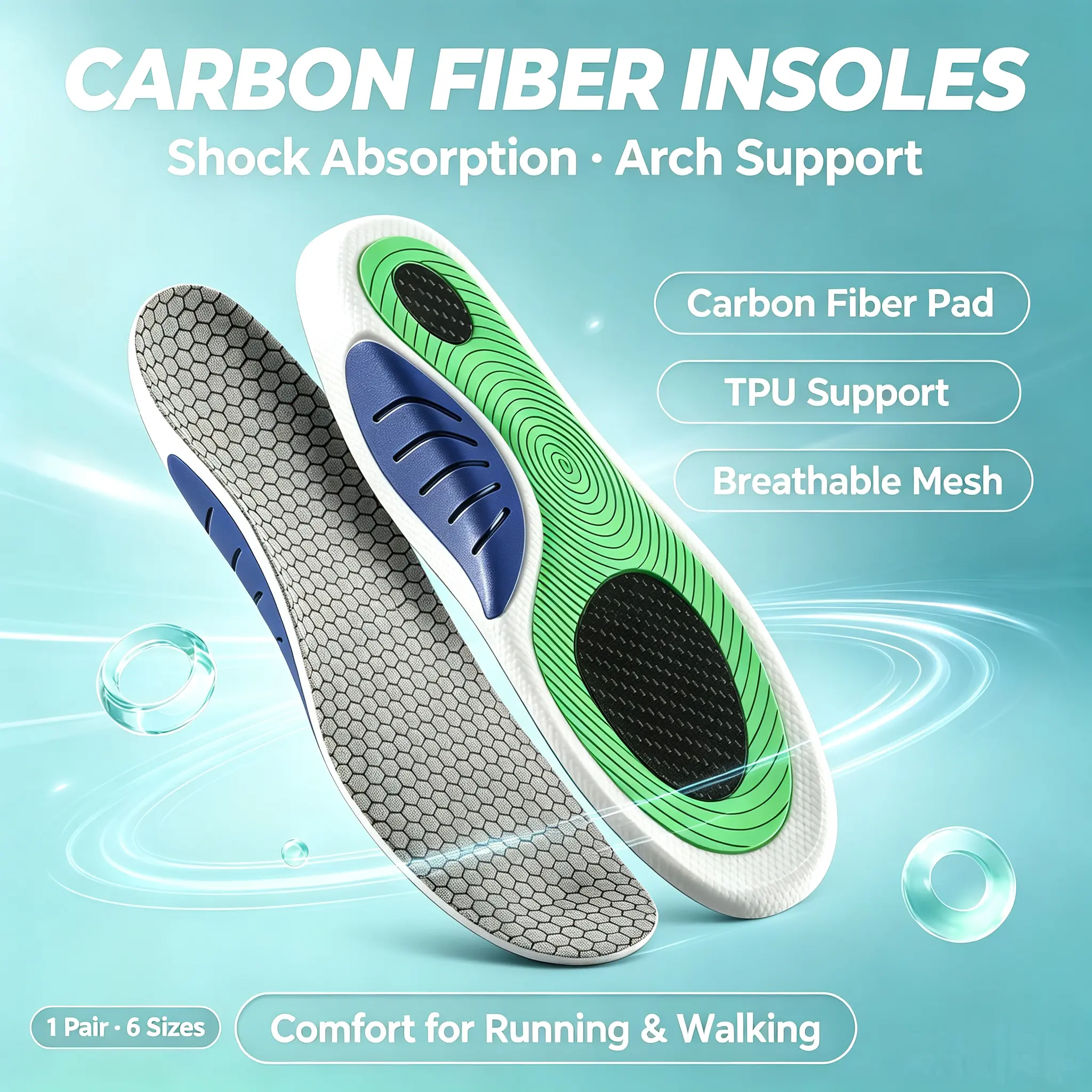 Carbon Fiber Arch Support Insoles - TPU Shock Absorption, Anti-Slip Breathable Mesh, Ergonomic Cushion for Running, Sneakers, Casual & Athletic Shoes