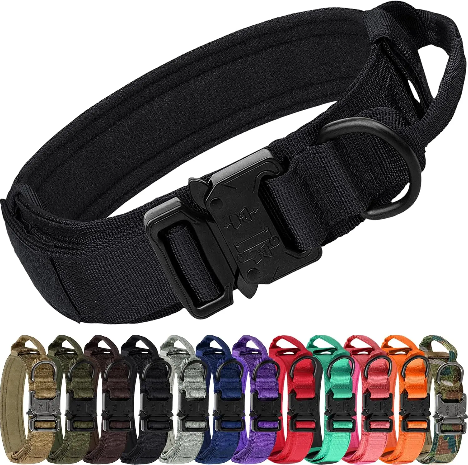 Heavy Duty Padded Military Dog Collar (Size L) with Extra Control Handle, Metal Buckle & Patches, Adjustable for Large Dogs, Ideal for Camping, Hiking, Black, Pet Collars & Harnesses