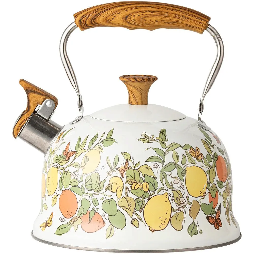 Gas stove whistle electric kettle with 8-10 minute boiling time. 3.0L model compatible with induction, ceramic, gas, and open flame stoves. BPA-free spray-painted kettle with audible alarm