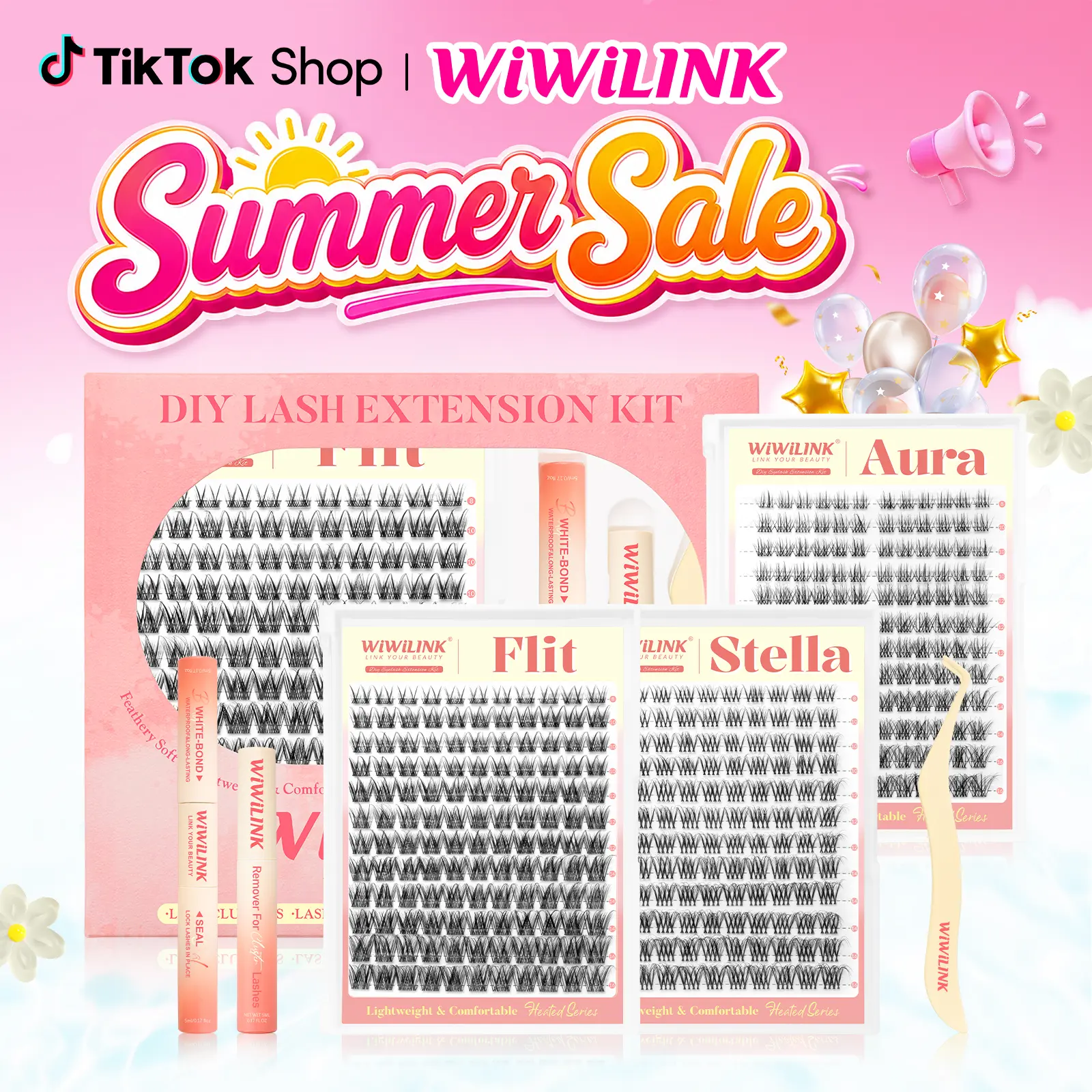 WiWiLINK Stella Flit Aura 3D Cluster Lashes - DIY Lash Extension Kit Ultra-Thin Transparent Bands, C/D Curl, 8-16mm (Includes Bond, Seal & Remover)