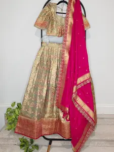 Regal Antique Gold Semi Kanchi Tissue Half Saree Set with Rani Pink Munga Benarasi Paithani Border Cutwork Dupatta