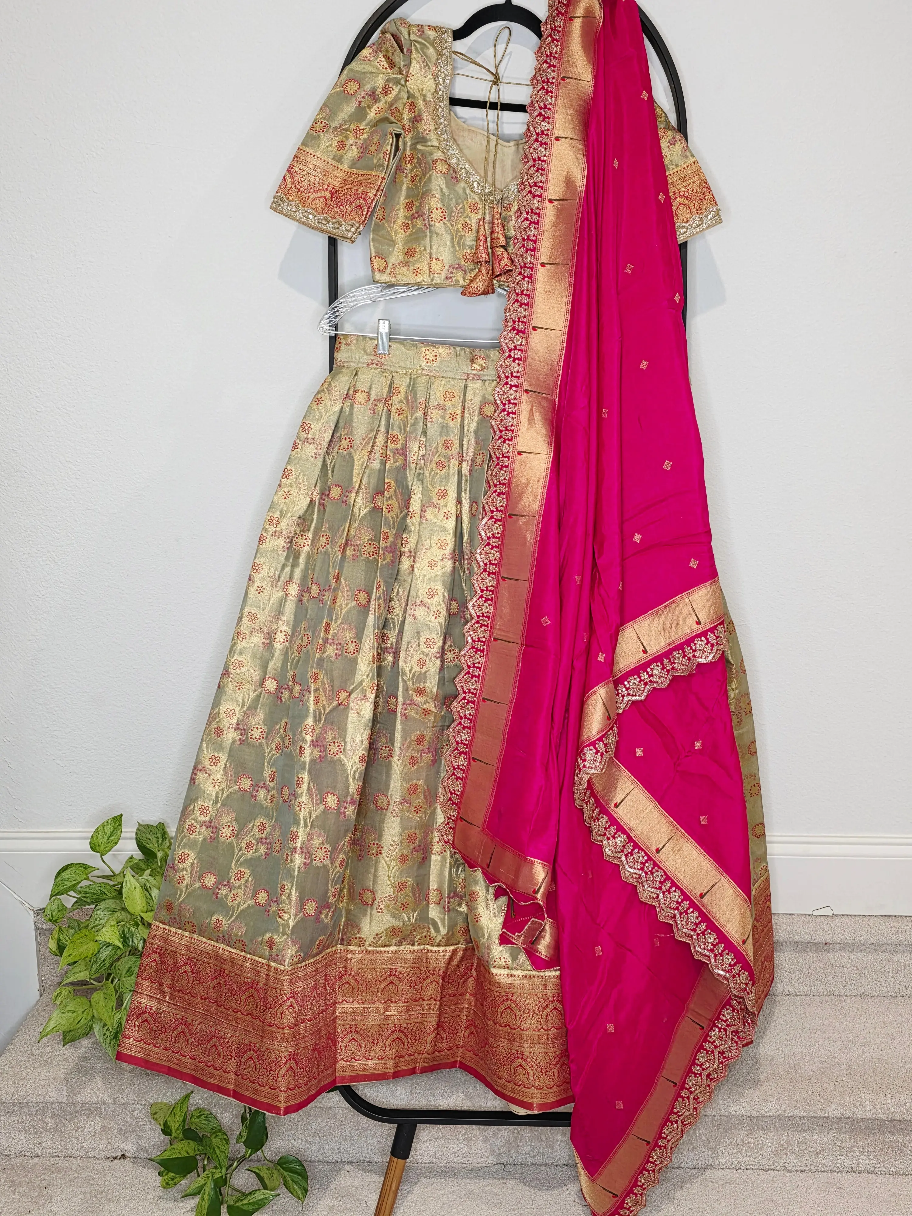 Regal Antique Gold Semi Kanchi Tissue Half Saree Set with Rani Pink Munga Benarasi Paithani Border Cutwork Dupatta
