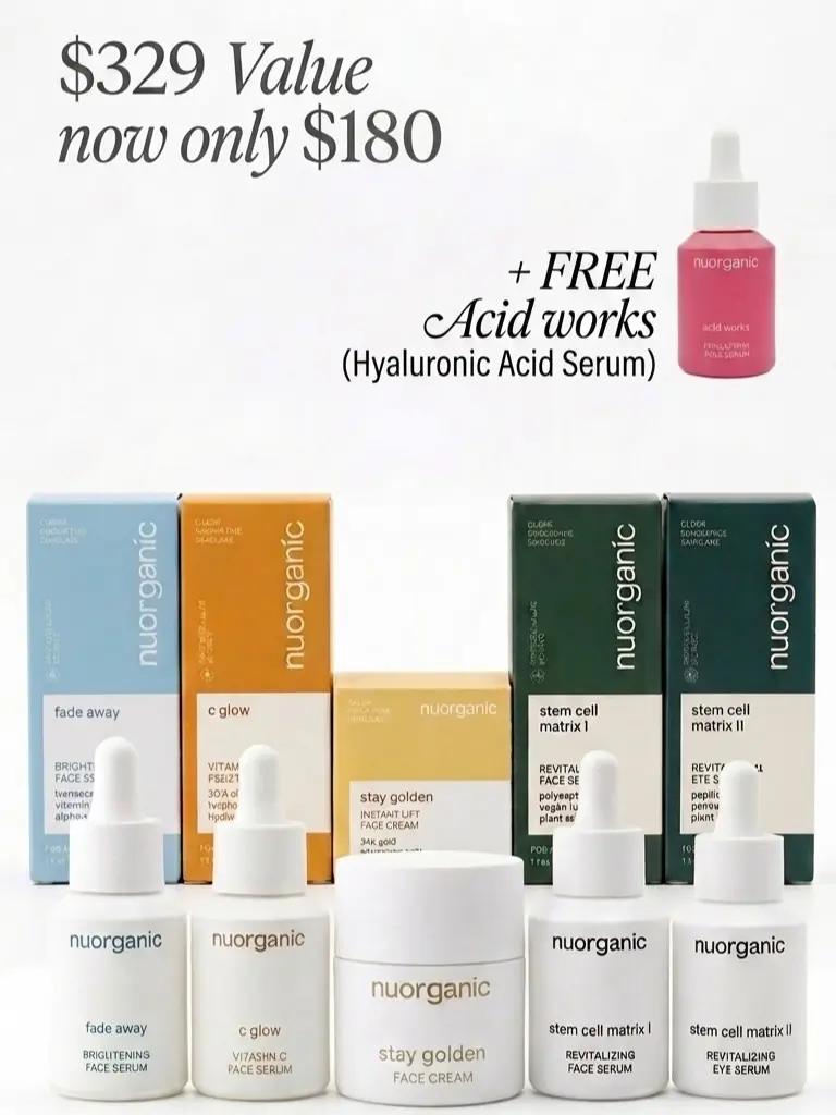 nuorganic The Face Reset System Anti Aging Bundle with Powerful Plant Stem Cells, Polypeptide Complex, Vitamin C, Ferulic Acid, Argereline, 24k Gold, Hyaluronic Acid, Kojic Acid, Niacinamide for Smoother Firmer Skin - DEAL ONLY AVAILABLE WHEN LIVE -