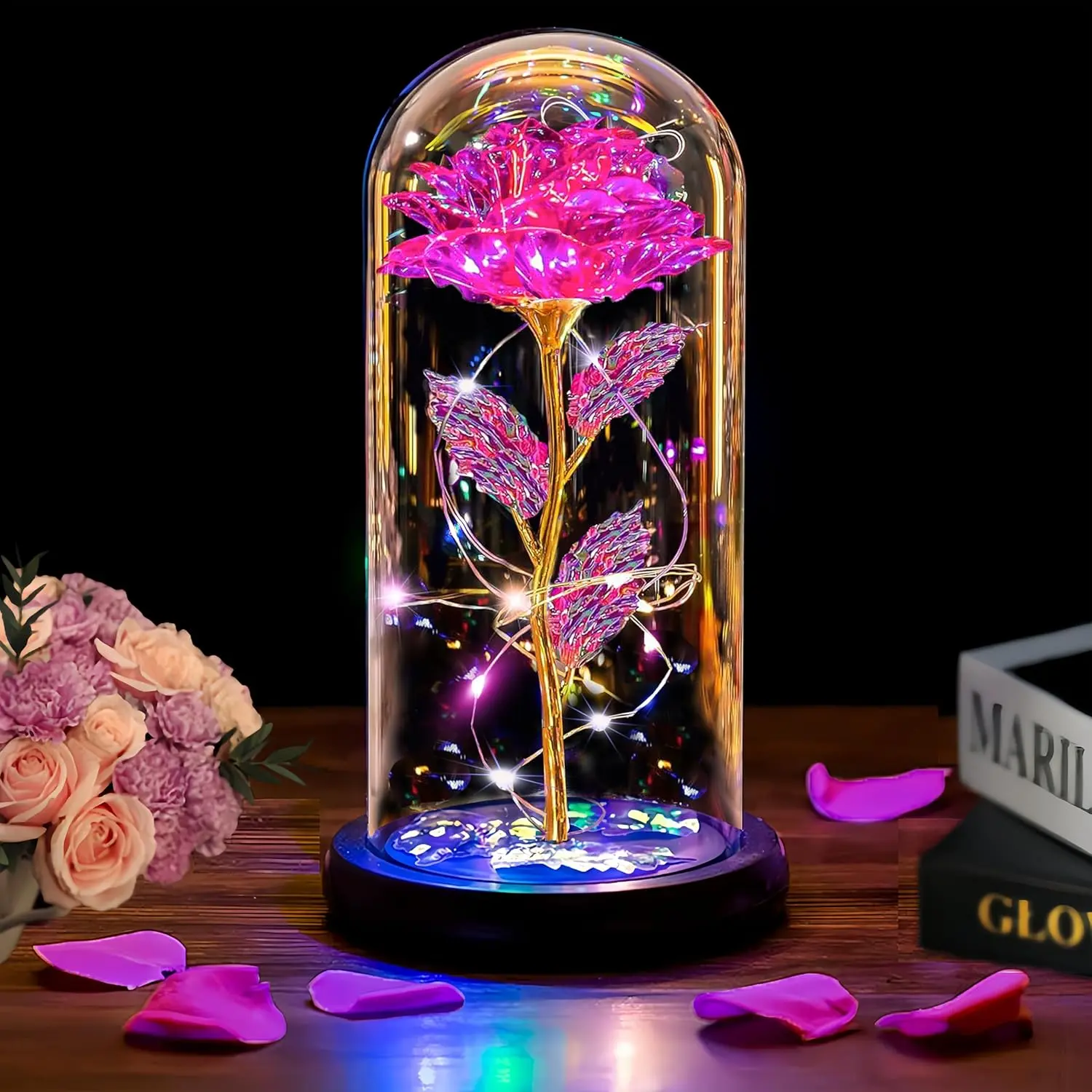 Mother's Day flower gift ideas, flower gifts for mom, wife, daughter, son, husband on Mother's Day, glowing roses inside a cover, galaxy eternal roses, gifts for women's birthdays, Mother's Day gifts, Valentine's Day gifts.eternal flower bouquet