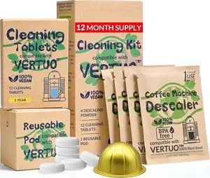 Compatible Vertuo Cleaning & Descaling Kit  1 Year . Includes 4 Descaling  Solution, 12 Cleaning Tablets, 1  Pod,  Vertuoline Maintenance Kit