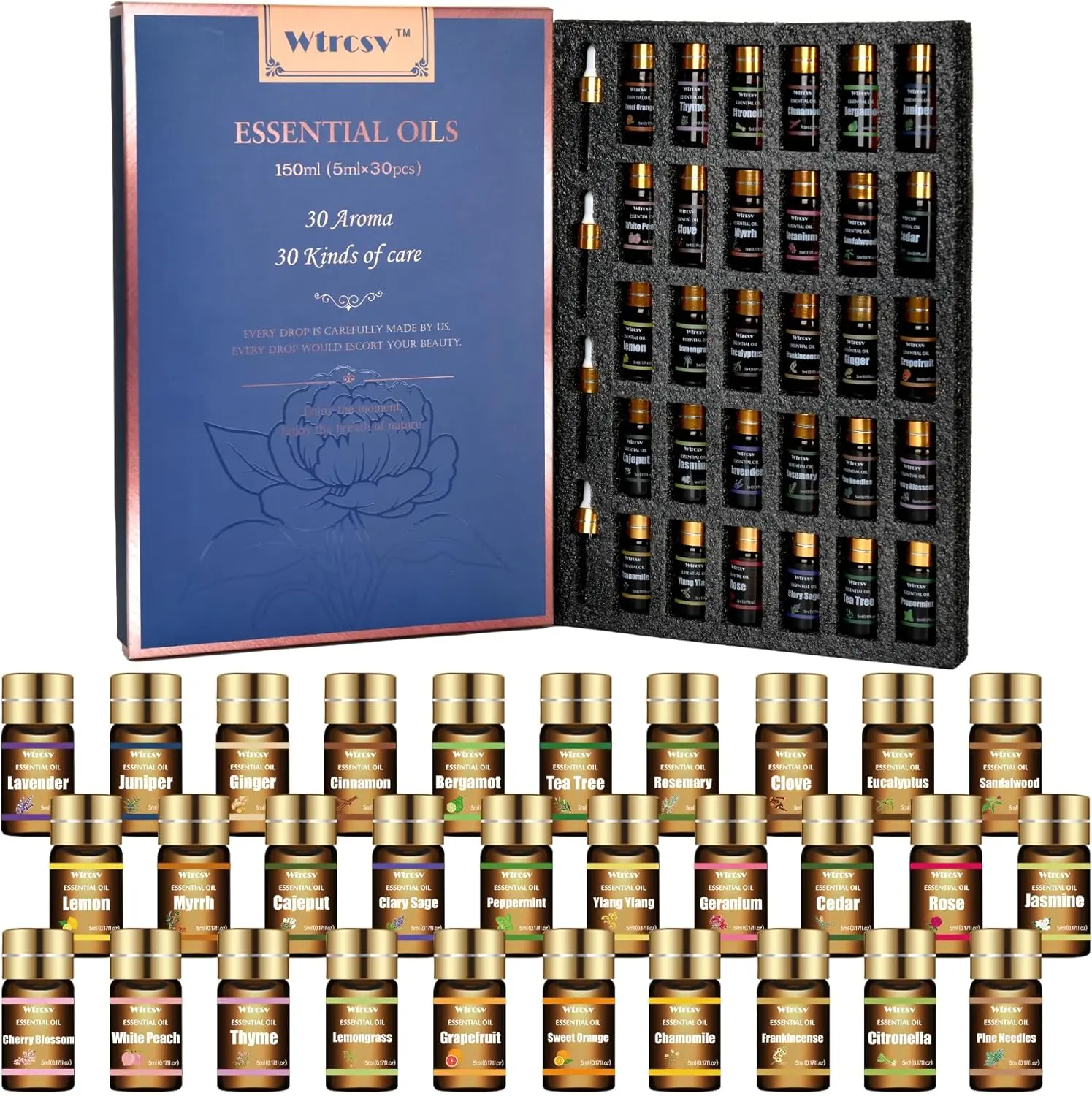Wtrcsv Therapeutic Essential Oils Set - 30x5 ml Aromatherapy Oils for Diffuser, Massage, Body Care, Myrrh-Infused Wellness Solution, Ideal for Birthday, Wedding, Mother’s Day Gifting