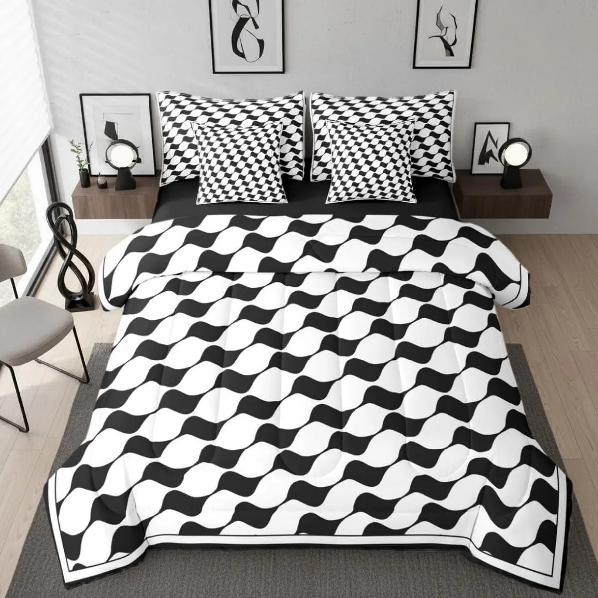 Black White Plaid Bedding Set,7 Piece Geometric Checkered Kids Bed Bag,Modern Triangle Buffalo Comforter Bed Set,Boys Teens Women Adult Farmhouse Grid Bed Set