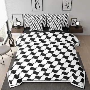 Black White Plaid Bedding Set,7 Piece Geometric Checkered Kids Bed Bag,Modern Triangle Buffalo Comforter Bed Set,Boys Teens Women Adult Farmhouse Grid Bed Set
