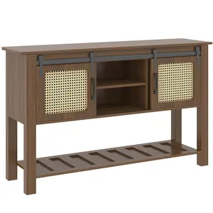 [Clearance Sale] AECOJOY Modern Buffet Cabinet Coffee Bar Storage with Rattan Barn Doors Adjustable Shelves & Bottom Open Shelf for Dining Room Kitchen Hallway