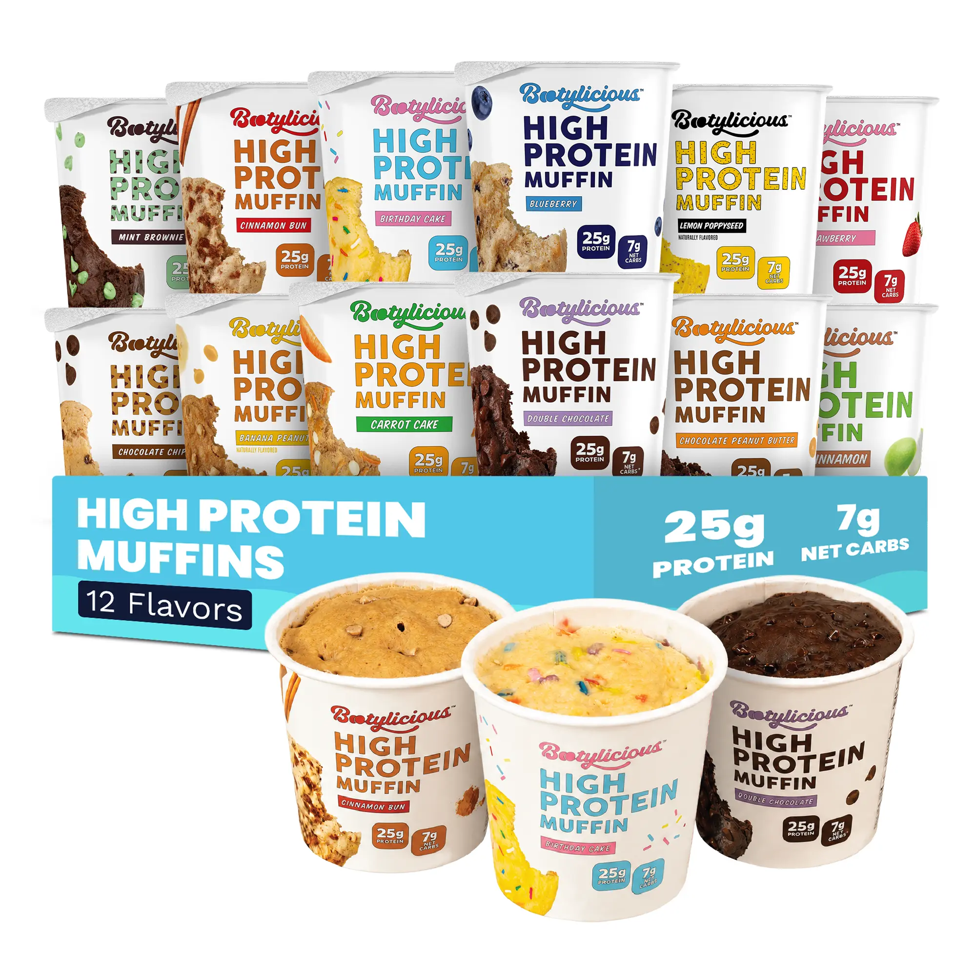 Bootylicious High Protein Muffins, Variety 12 Pack, 25g Protein, 7g Net Carbs Baking, High Protein Snack, Protein Treats