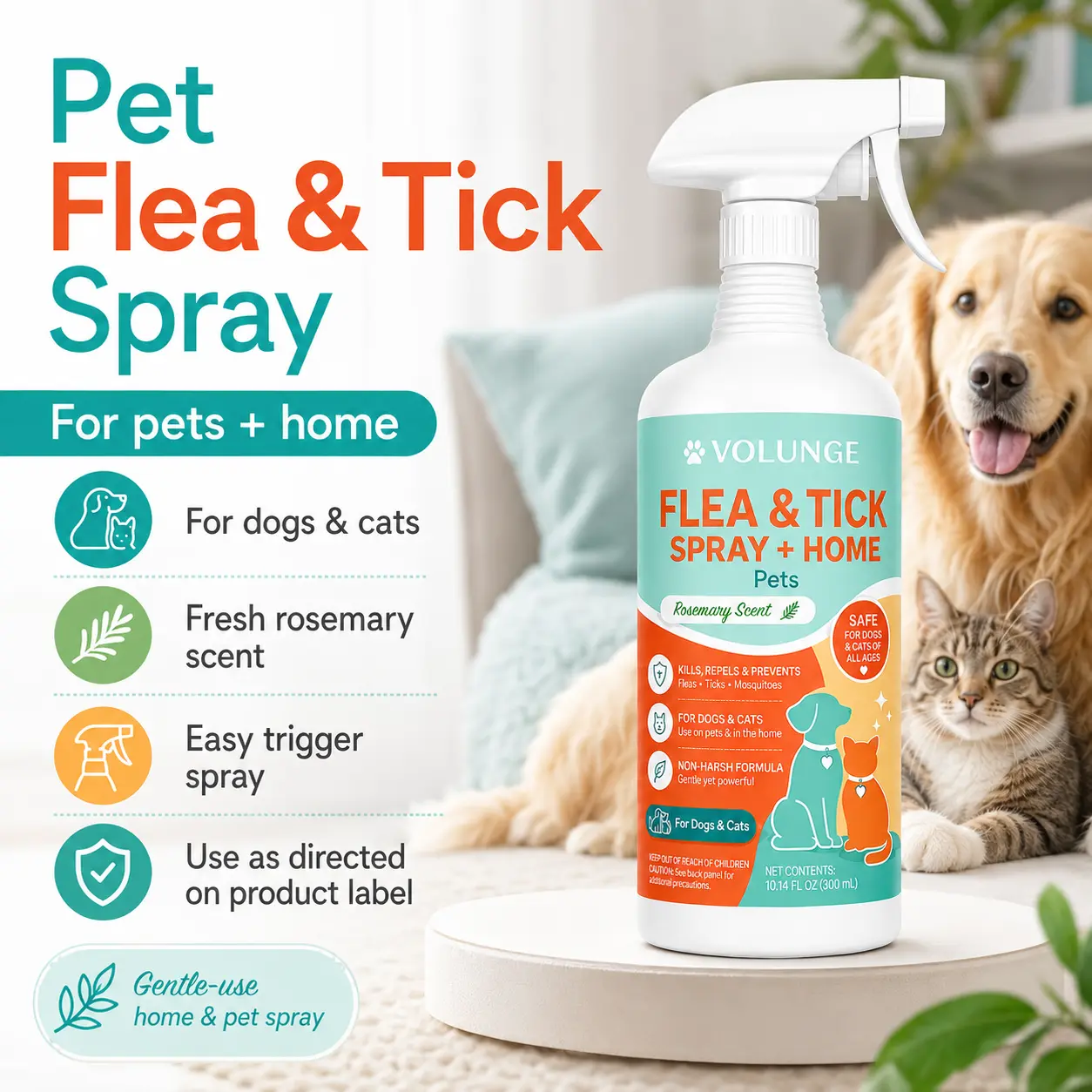 Flea & Tick Care Spray for Dogs & Cats, Easy-Apply Pet Coat Spray for Outdoor & Seasonal Care, Rosemary Scent, 10.14 fl oz (300 mL)