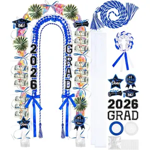 18 Pcs Graduation Leis Class of 2026 Double Braided Ribbon Money Lei Kit Graduation Candy Lei Necklace Gift Party Favor for Women Men(Blue, White)
