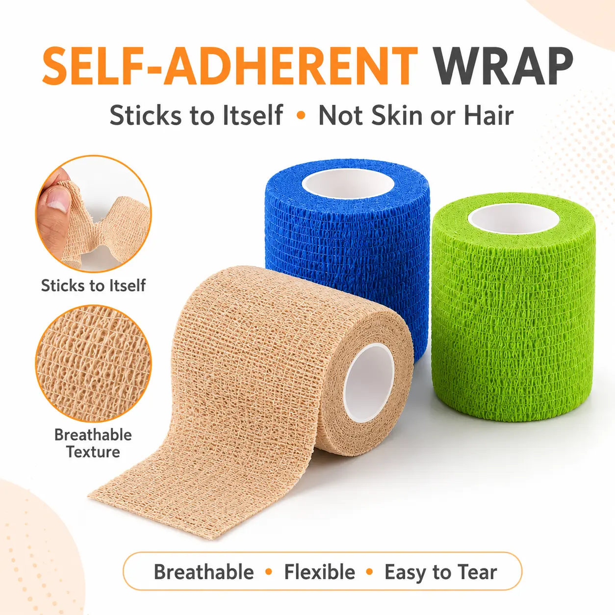 Flexible Self-Adherent Cohesive Bandage Wrap, 1-4 in × 5 yd Breathable Elastic Self-Stick Sports Tape for Wrists/Knees & Pet Paws, 2-Pack or 3-Size Set