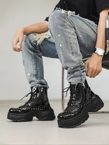 Men's Fashion Boots Autumn Winter New Style PU Leather Rubber Mid-Calf Punk Baroque Pattern Waterproof Anti-Slip Durable Casual Shoes