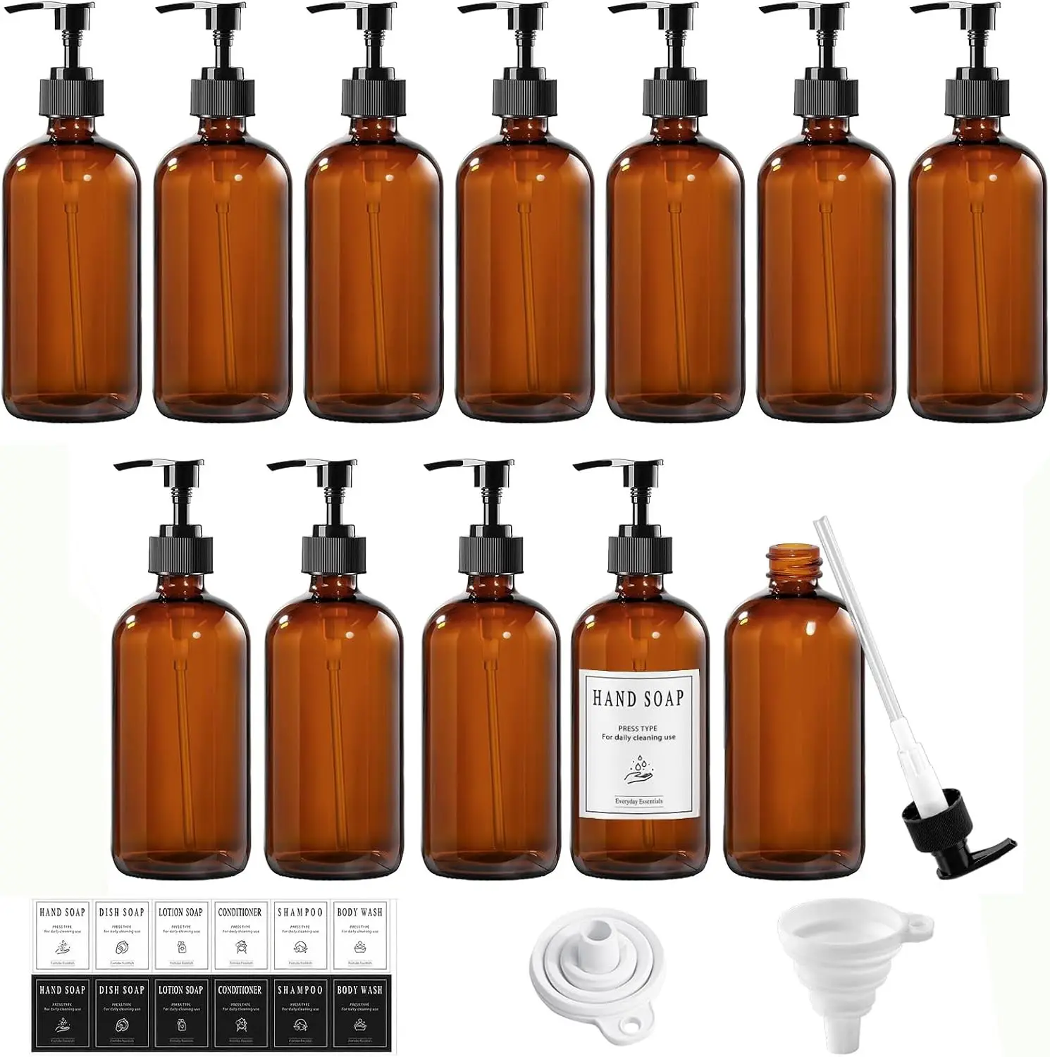 12 Pack Amber Glass Bottles 8oz with Pump Dispensers, Refillable Empty Pump Bottles for Bathroom, Kitchen, Shampoo, Soap, Lotion – Includes 2 Funnels & 12 Labels