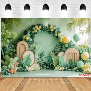 Photography Background Small Fresh Style Green Balloon Arch Plant Dinosaur Birthday Party Photo Studio Backdrop