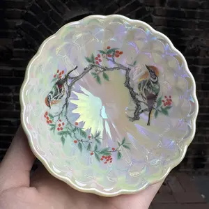 Iridescent Porcelain Plate with Hand - Painted Birds & Berries | TEAWARE STUDIOS Artisan Ceramic