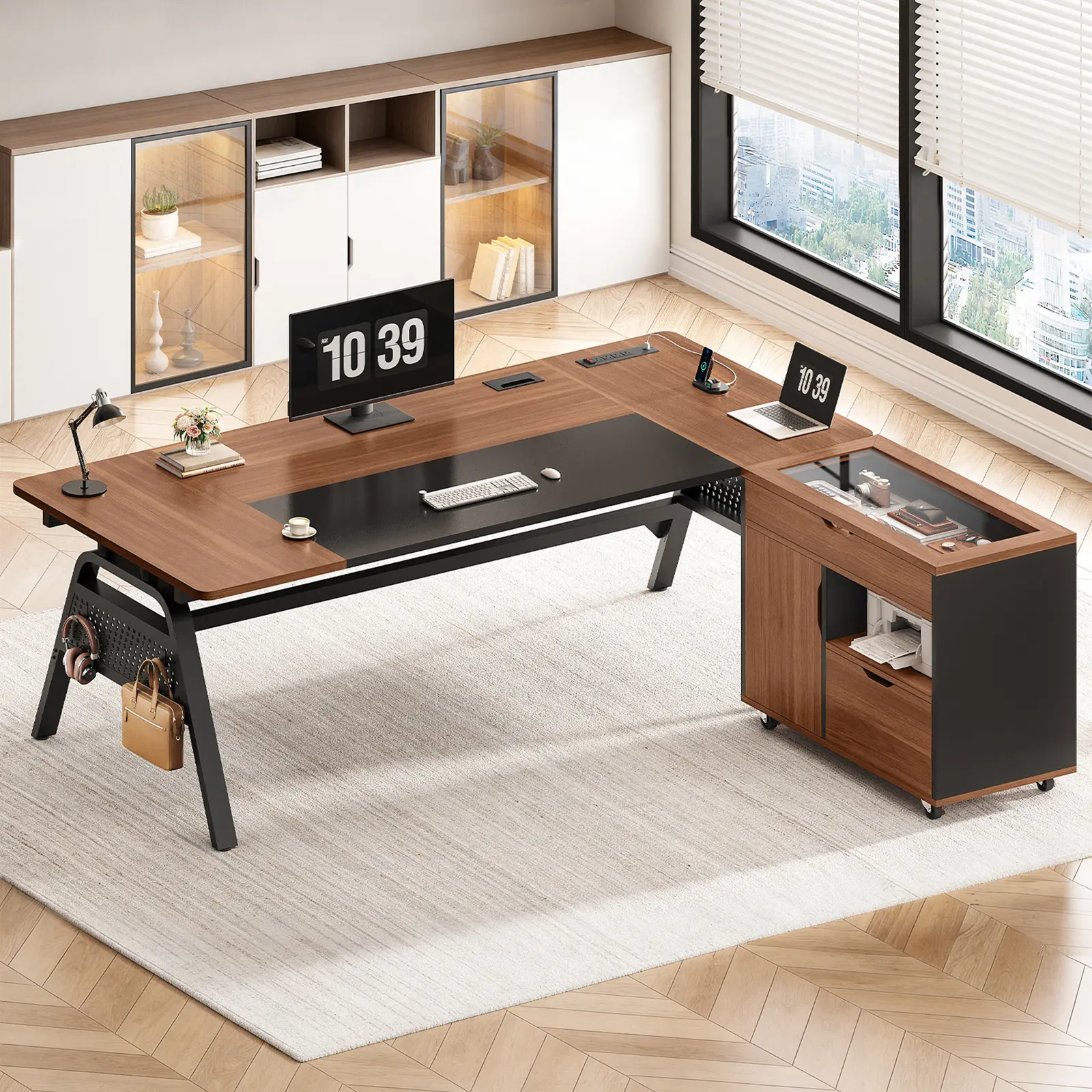 Sedeta Modern Solid Wood Executive Office Desk Tabletop Workstation (63x27.6in) - Movable Wheeled Base File Cabinet, 4 Hooks, Power Outlet Station, Privacy Baffle for Home Office, L-Shaped Modular Desks, Large Desks