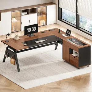 SEDETA 63 Inch Executive Desk with Movable File Cabinet Office Desk with 4 Hooks Power Outlet Computer Desk with Privacy Baffle for Home Office