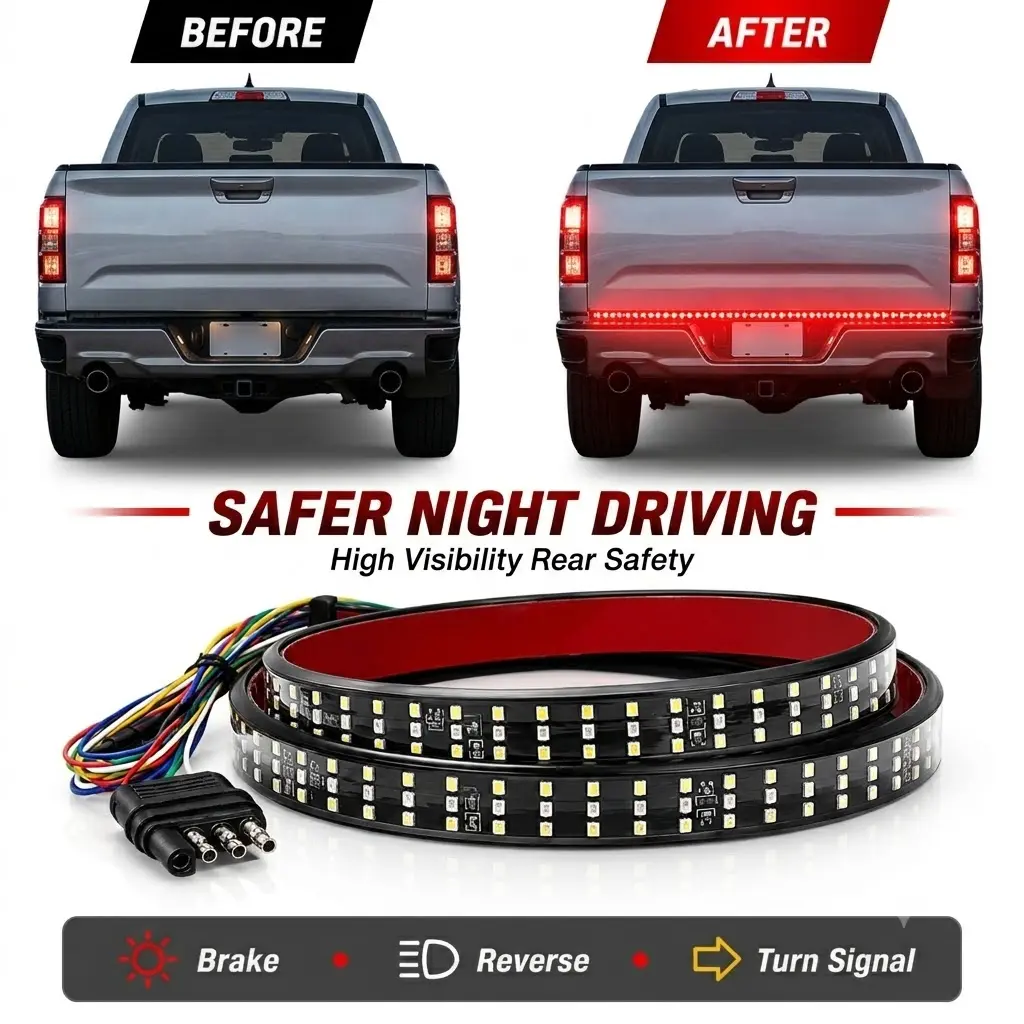 LED Tailgate Light Bar for Safer Night Driving, High Visibility Brake, Reverse & Turn Signal for Pickup Trucks, Triple Row Waterproof Rear Safety Light